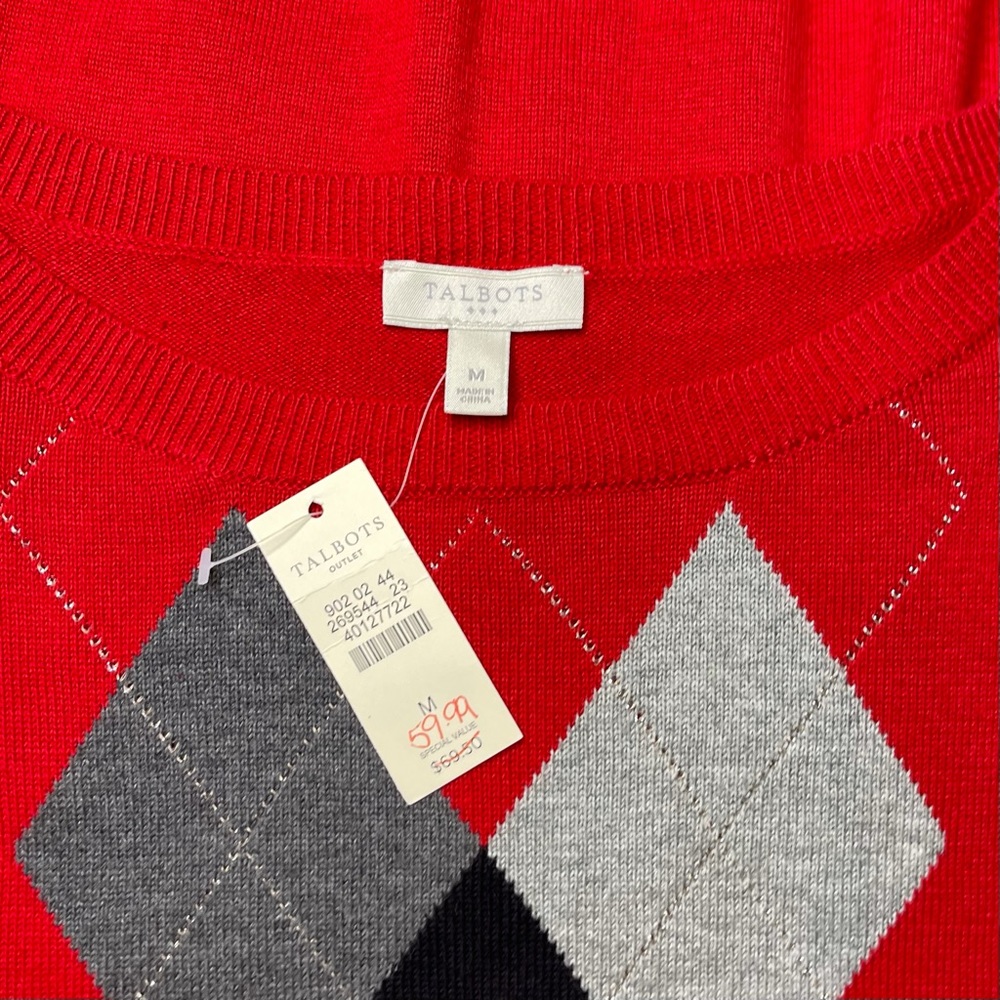 Talbots Red Argyle Crewneck Sweater Medium NWT - Picture 8 of 9